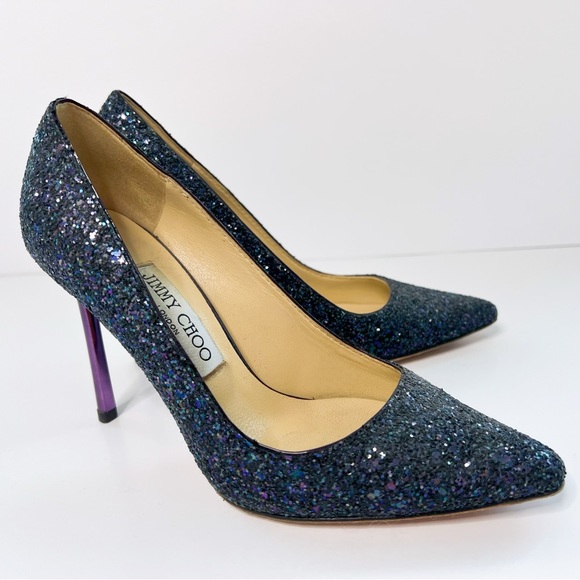 Jimmy Choo Authentic Romy Heels Blue Navy Leather Glitter Pumps Pointed Toe - Picture 2 of 8